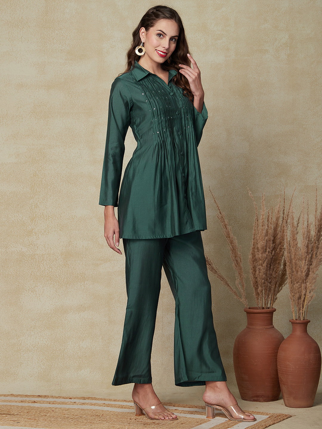Solid Mirror Embroidered Pin-Tucks Kurti with Pants Indo-Western Co-ord Set - Green