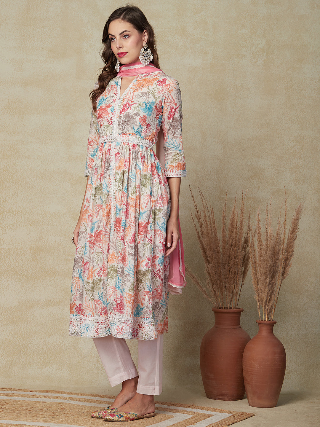 Floral Printed Resham Embroidered Kurta with Waist Belt, Pants & Dupatta - Multi & Pink