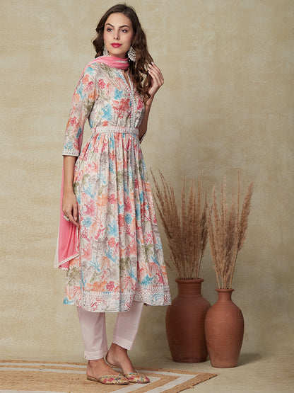 Floral Printed Resham Embroidered Kurta with Waist Belt, Pants & Dupatta - Multi & Pink