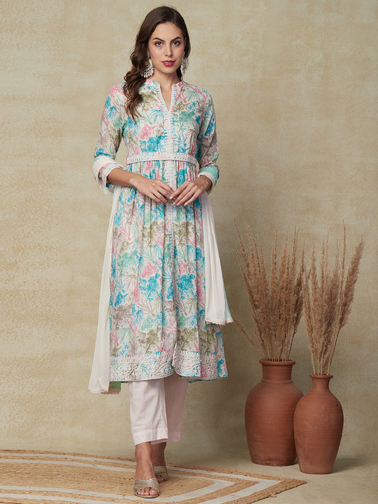 Floral Printed Resham Embroidered Kurta with Waist Belt, Pants & Dupatta - Multi & Green