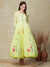 Floral Hand Painted Resham Embroidered Mul-Cotton Maxi Dress with Waist Belt - Yellow