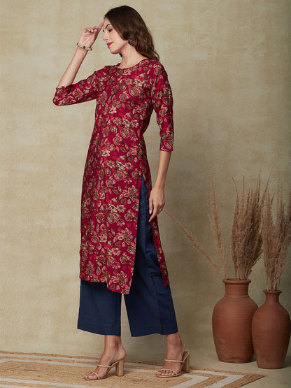 Floral Printed Mirror, Cutdana, Resham & Sequins Embroidered Kurta - Red