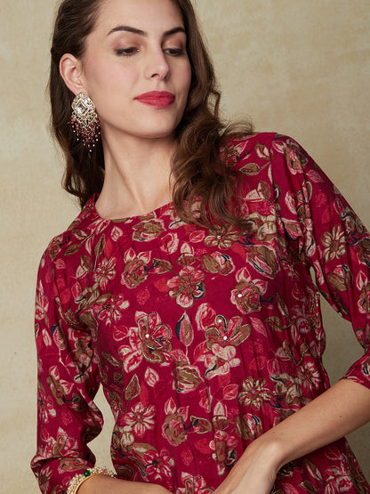 Floral Printed Mirror, Cutdana, Resham & Sequins Embroidered Kurta - Red