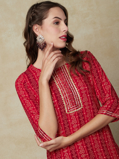 Ethnic Printed Mirror & Cutdana Embroidered Gota Lace Work Kurta - Red