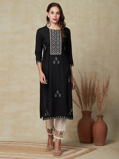 Solid Zari, Resham & Sequins Embroidered Kurta - Black