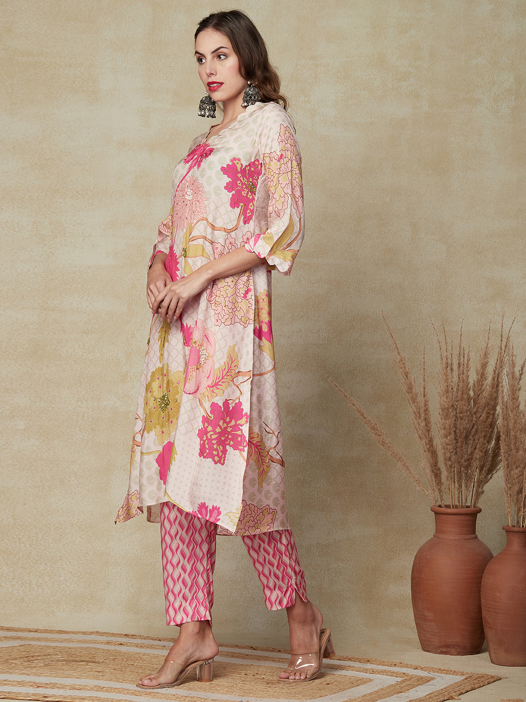Floral & Abstract Printed Sequins Embroidered Kurta with Pants - Pink