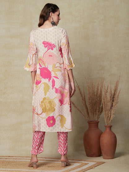 Floral & Abstract Printed Sequins Embroidered Kurta with Pants - Pink