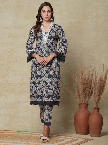 Floral Printed Schiffili Embroidered Beads & Lace Work Kurta with Pants & Dupatta - Grey