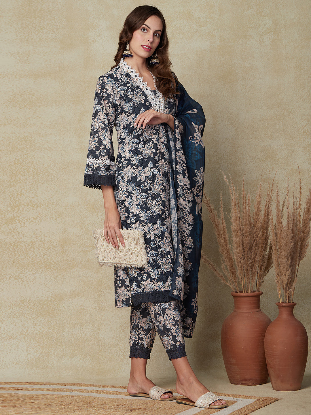 Floral Printed Schiffili Embroidered Beads & Lace Work Kurta with Pants & Dupatta - Grey