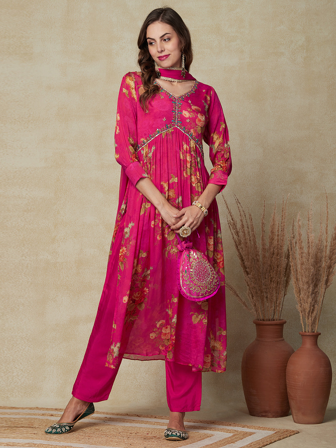 Floral Printed Mirror & Cutdana Embroidered Pleated Kurta with Pants & Dupatta - Pink