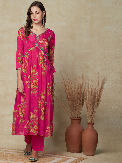 Floral Printed Mirror & Cutdana Embroidered Pleated Kurta with Pants & Dupatta - Pink