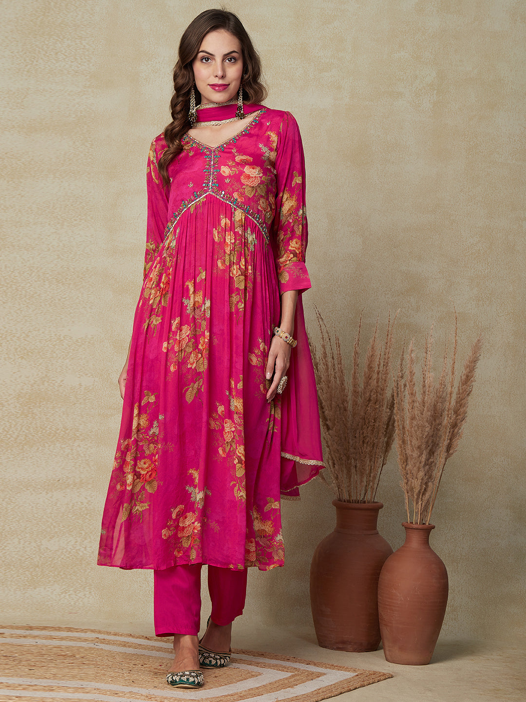 Floral Printed Mirror & Cutdana Embroidered Pleated Kurta with Pants & Dupatta - Pink