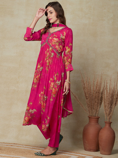 Floral Printed Mirror & Cutdana Embroidered Pleated Kurta with Pants & Dupatta - Pink