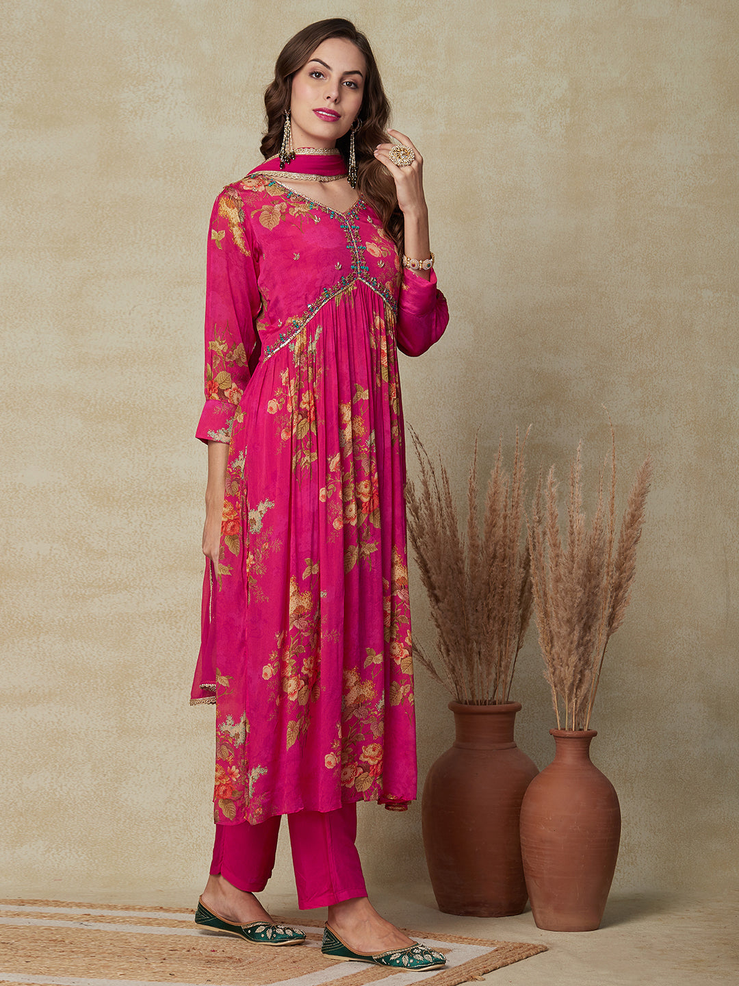 Floral Printed Mirror & Cutdana Embroidered Pleated Kurta with Pants & Dupatta - Pink