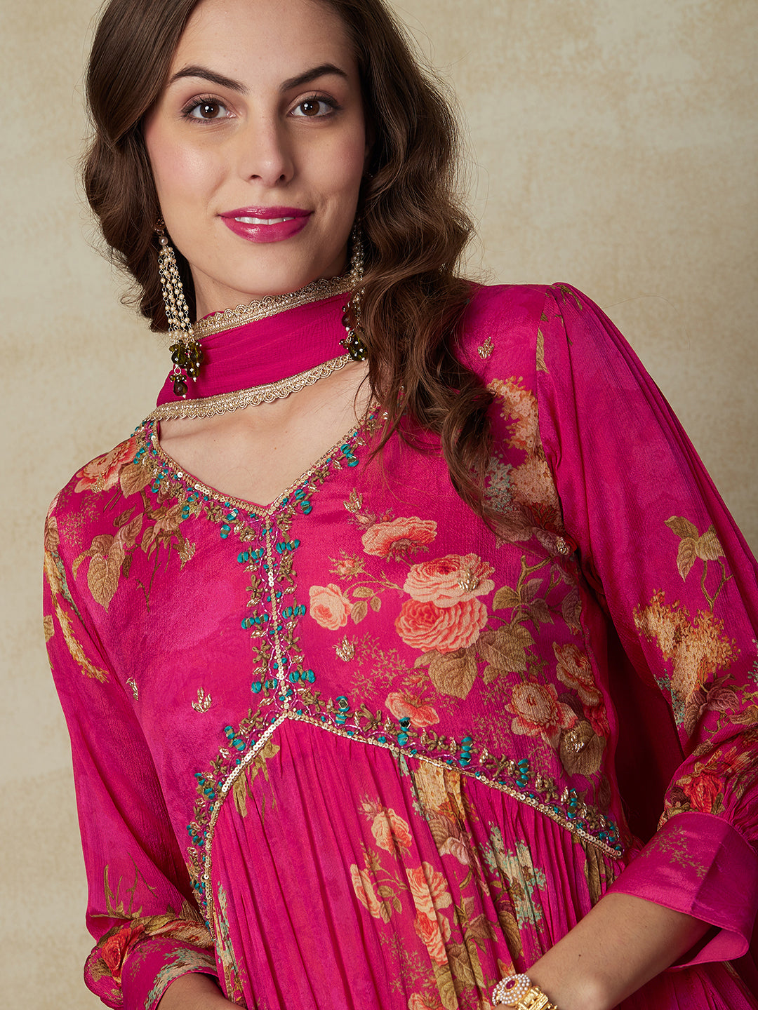 Floral Printed Mirror & Cutdana Embroidered Pleated Kurta with Pants & Dupatta - Pink