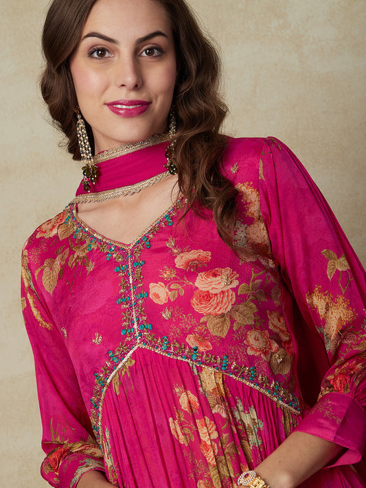 Floral Printed Mirror & Cutdana Embroidered Pleated Kurta with Pants & Dupatta - Pink