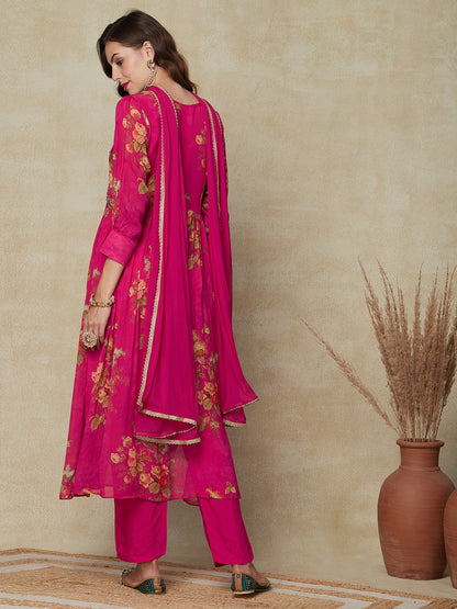 Floral Printed Mirror & Cutdana Embroidered Pleated Kurta with Pants & Dupatta - Pink