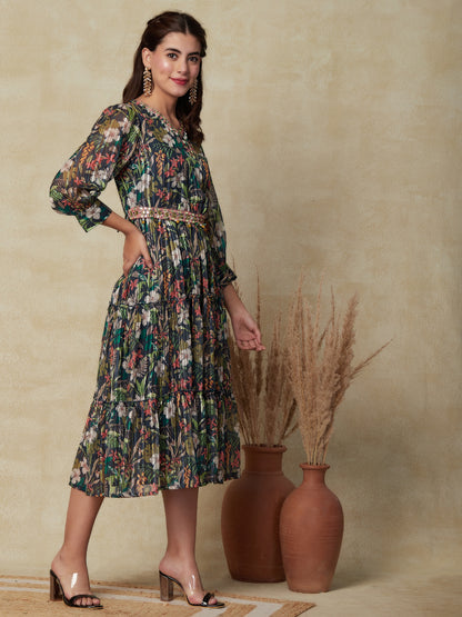 Floral Printed & Mirror Embroidered A-Line Pleated Dress with Belt - Teal Blue
