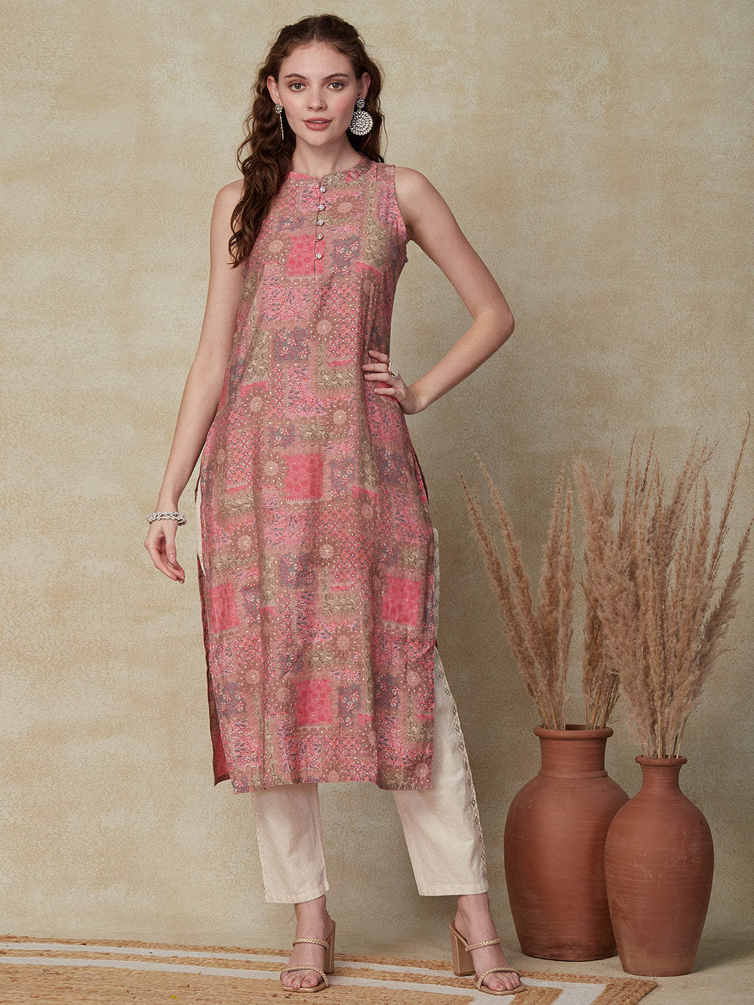 Floral & Ethnic Printed Stone Studded Buttoned Kurta - Pink & Multi