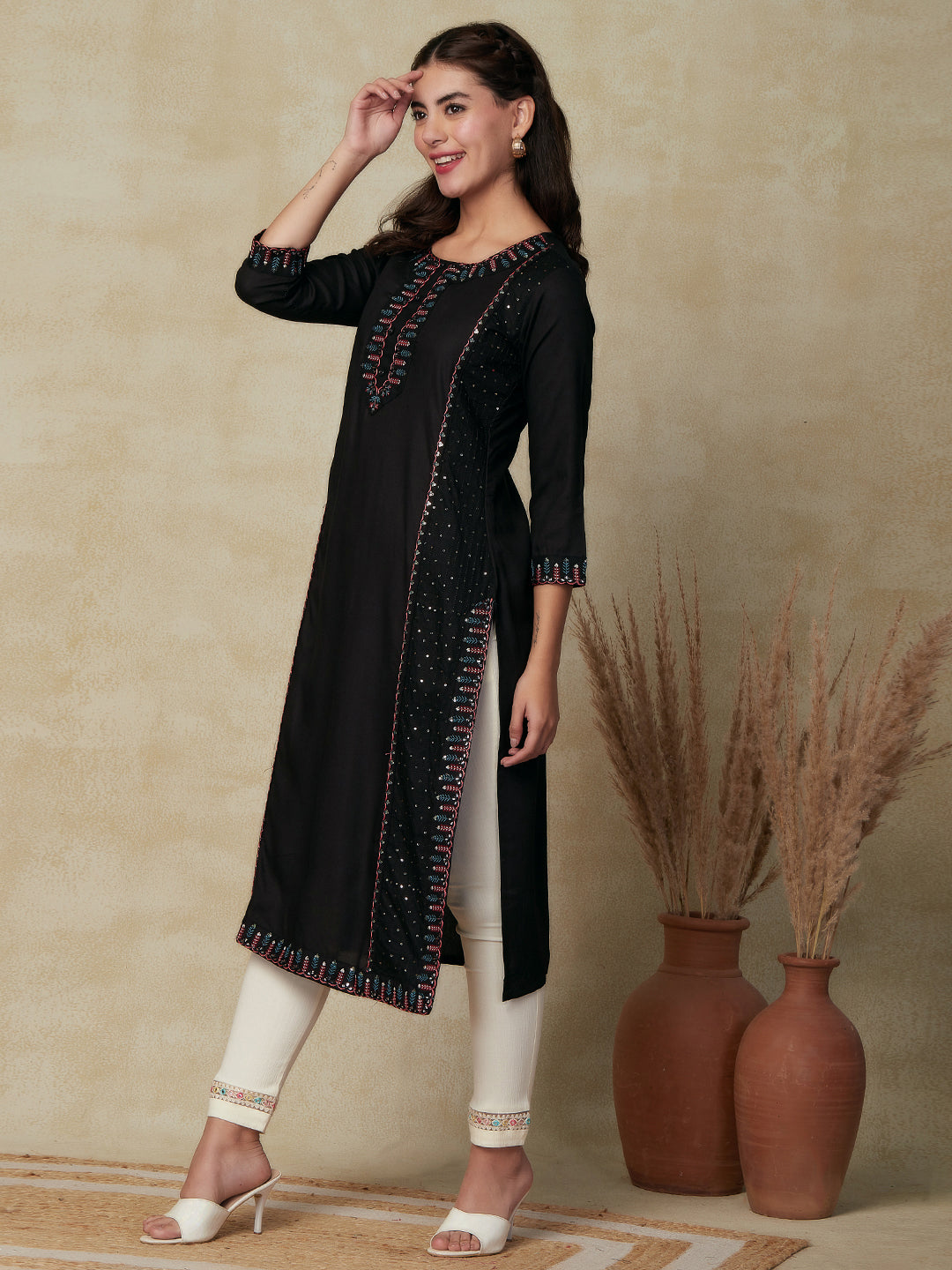 Solid Floral Foil Mirror Embroidered Straight Fit Kurta - Black