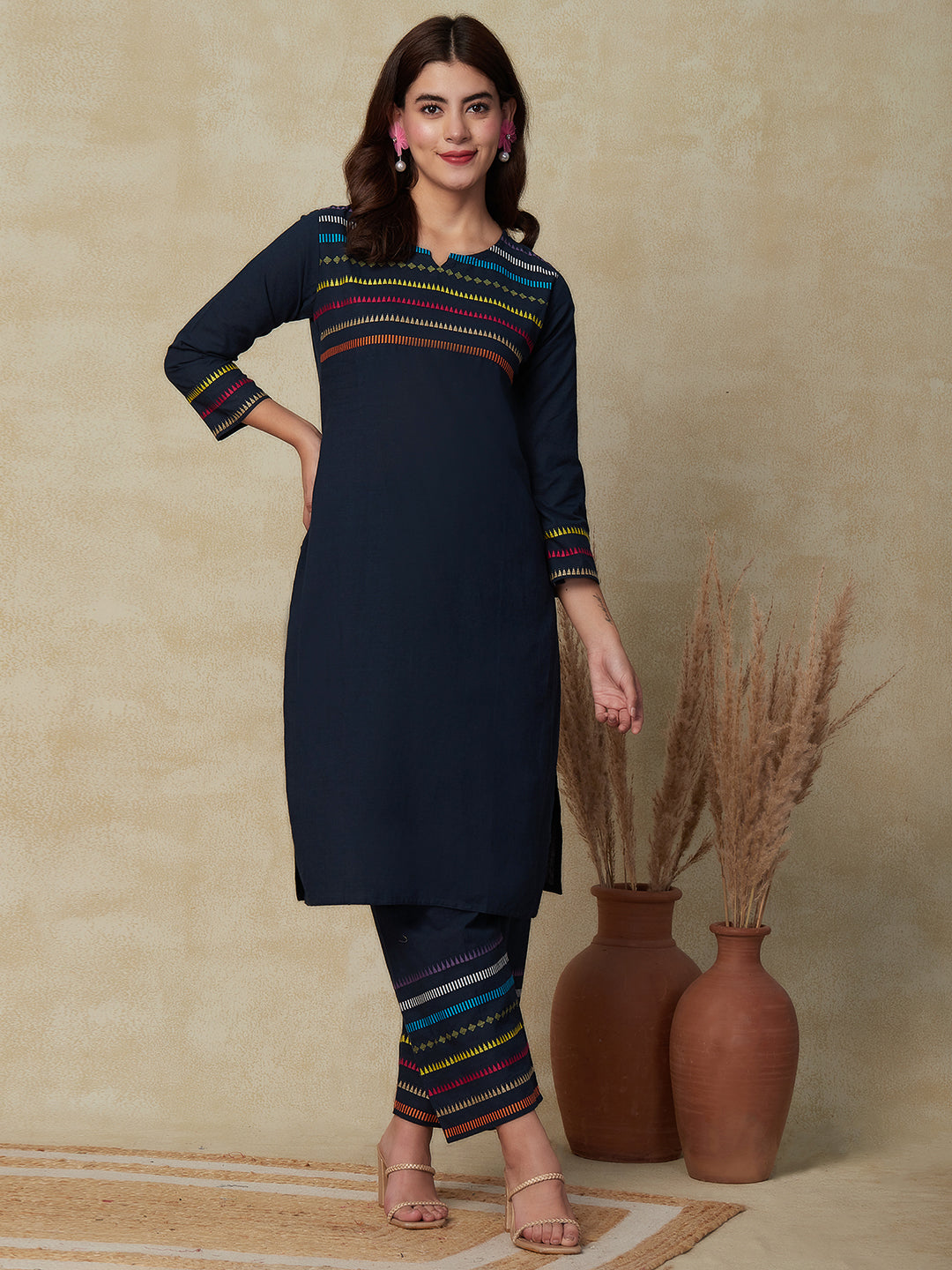 Solid & Stripes Embroidered Straight Fit Co-ord Set - Navy Blue