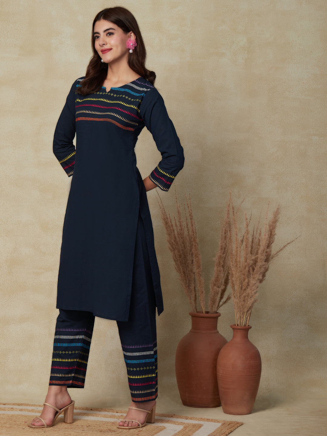 Solid & Stripes Embroidered Straight Fit Co-ord Set - Navy Blue
