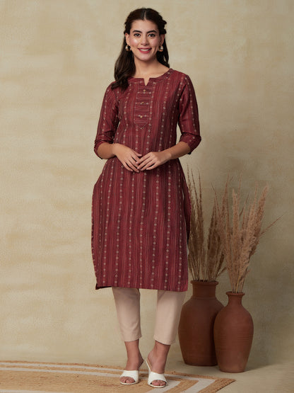 Solid Ethnic Woven Stripes Straight Kurta with Pant - Brown