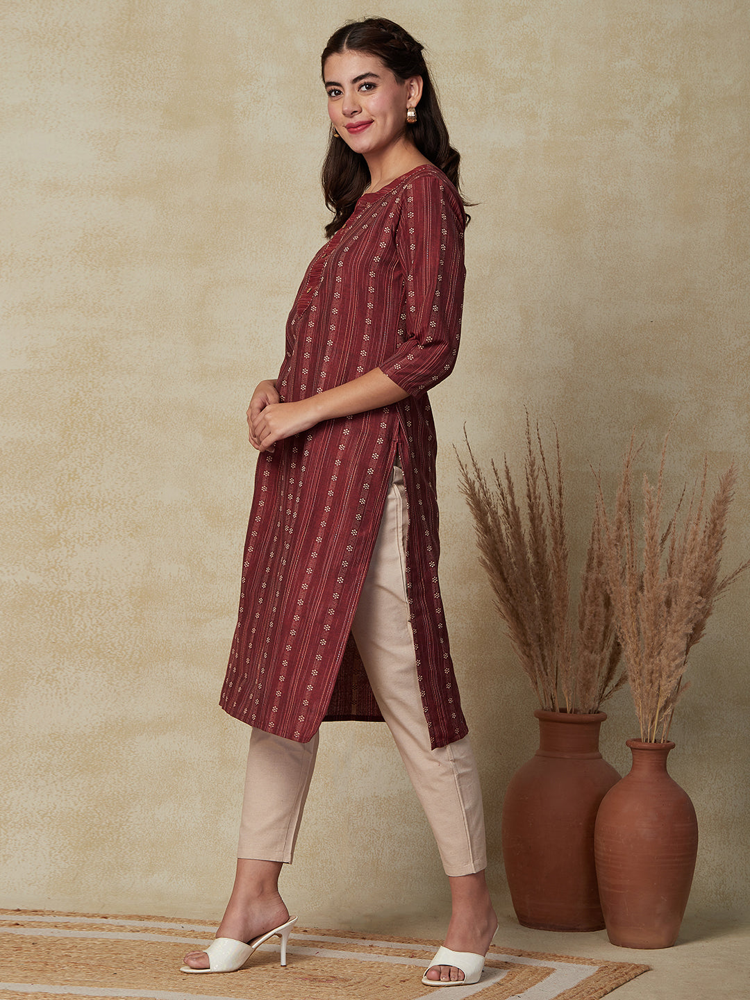 Solid Ethnic Woven Stripes Straight Kurta with Pant - Brown