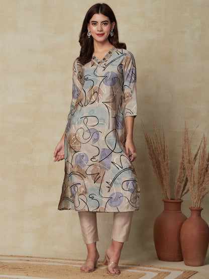 Abstract Foil Printed & Embroidered Straight Fit Kurta with Pant & Dupatta - Taupe