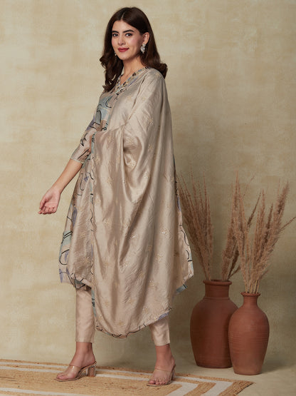 Abstract Foil Printed & Embroidered Straight Fit Kurta with Pant & Dupatta - Taupe