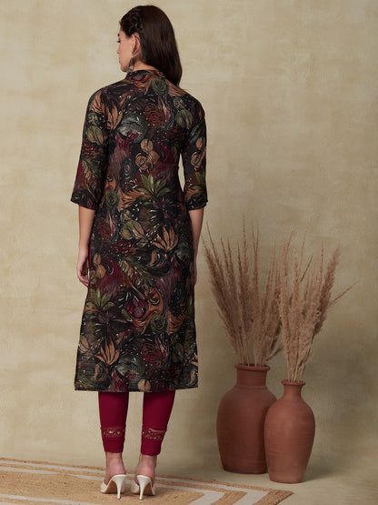 Floral Foil Printed & Embroidered Straight Fit Kurta - Black