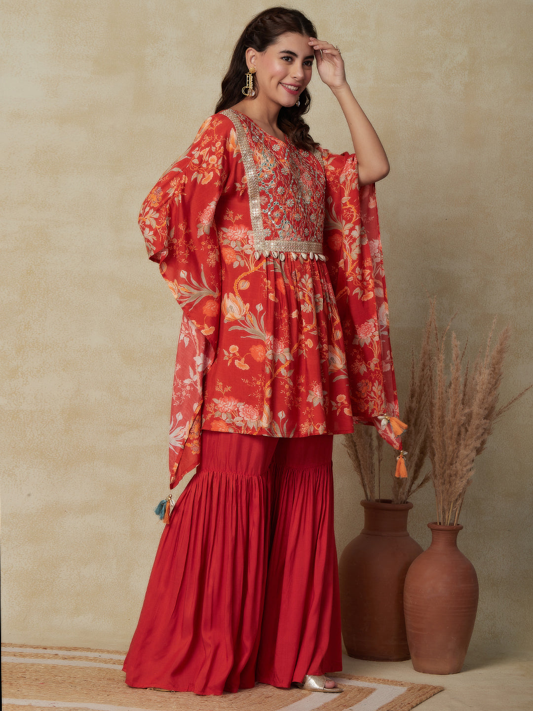 Floral Printed & Embroidered Kaftan Kurta with Sharara - Rust