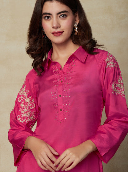 Solid Ethnic Embroidered Straight Fit Kurta with Pant - Pink