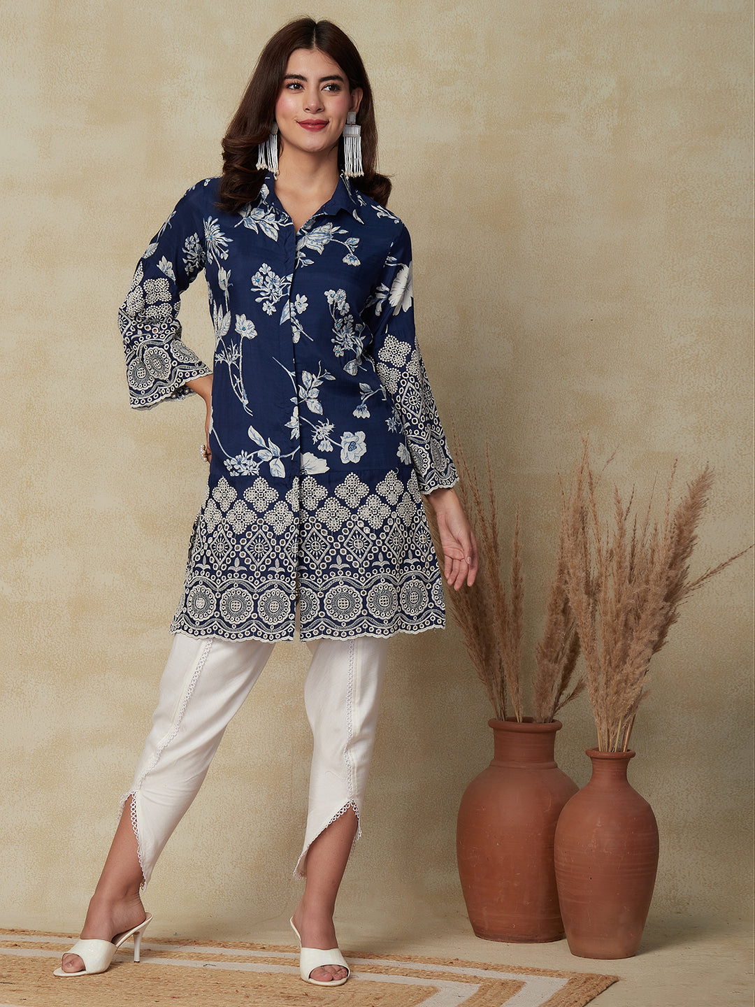 Floral Printed & Embroidered A-Line Kurta with Dhoti Pant - Blue