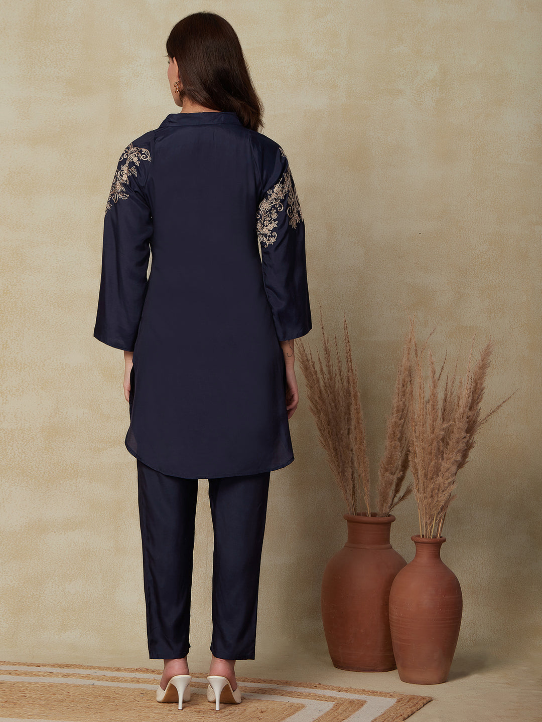 Solid Ethnic Embroidered Straight Fit Kurta with Pant - Navy Blue