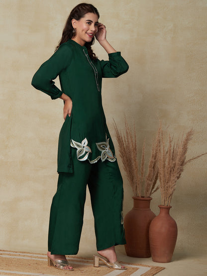 Floral Embroidered A-line Kurta with Palazzo - Green