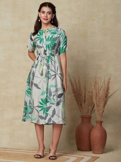 Abstract Floral Printed A-Line Midi Dress with Belt - Mint Green