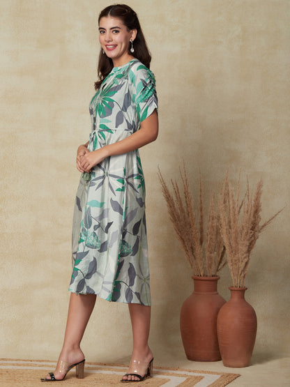Abstract Floral Printed A-Line Midi Dress with Belt - Mint Green