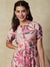 Abstract Floral Printed A-Line Midi Dress with Belt - Pink
