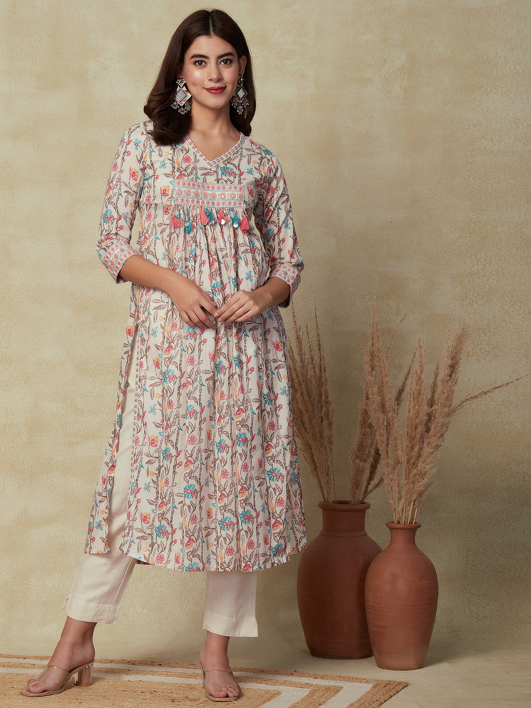 Ethnic Floral Foil Printed A-Line Pleated Kurta with Pant - Off White
