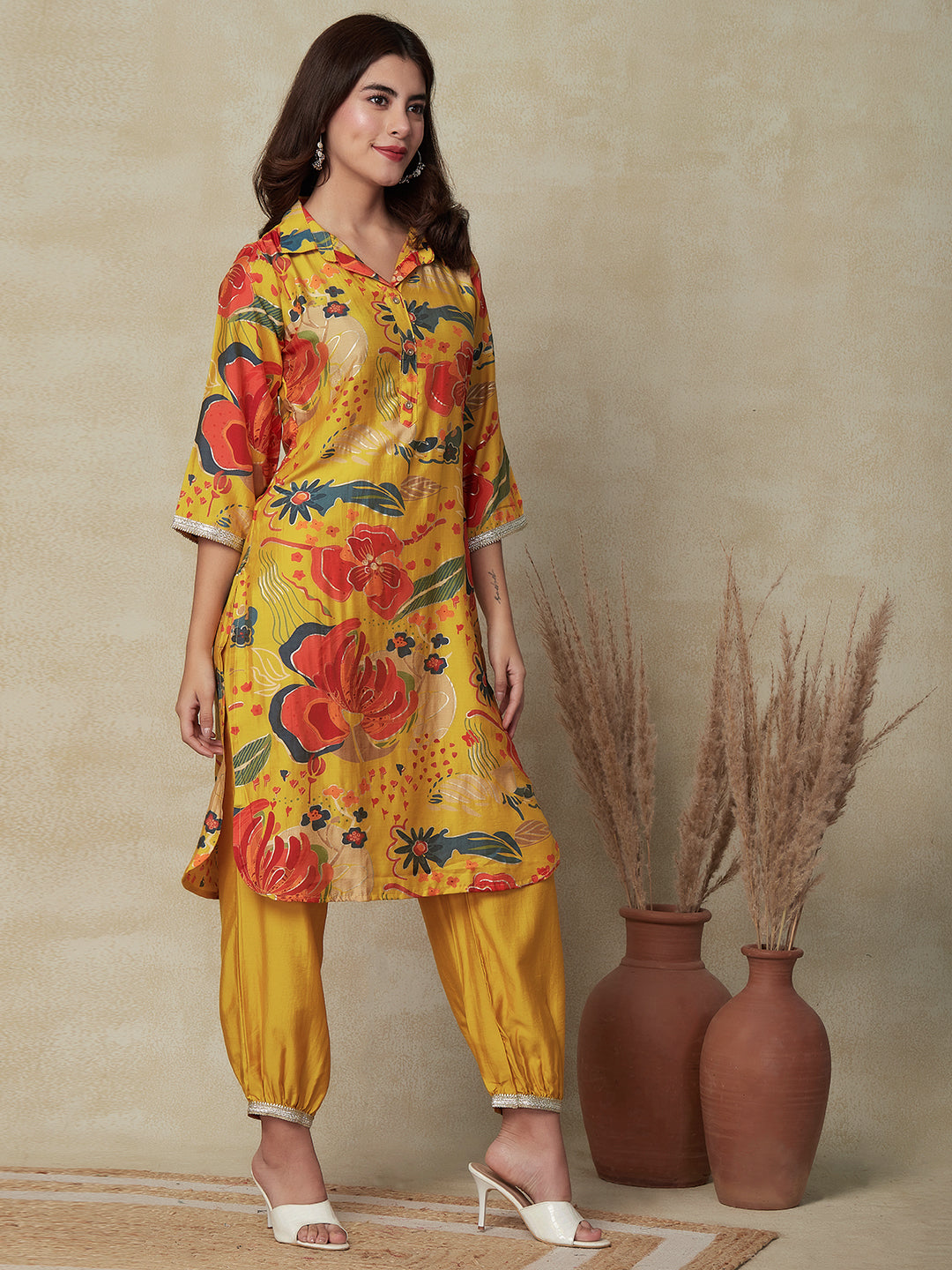 Floral Foil Printed Straight Fit Kurta with Balloon Pant - Yellow