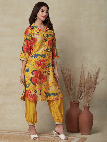 Floral Foil Printed Straight Fit Kurta with Balloon Pant - Yellow