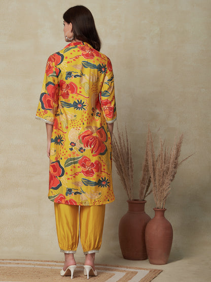 Floral Foil Printed Straight Fit Kurta with Balloon Pant - Yellow