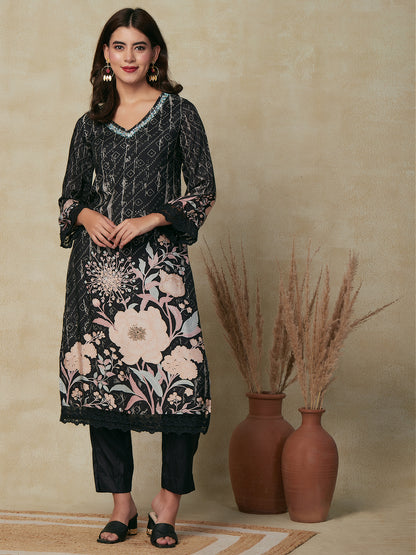 Floral & Ethnic Printed Straight Fit Kurta with Pant & Dupatta - Black