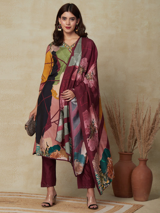 Abstract Floral Printed & Embroidered Straight Kurta with Pant & Dupatta - Burgundy