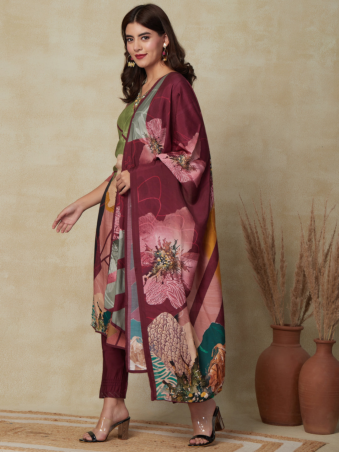 Abstract Floral Printed & Embroidered Straight Kurta with Pant & Dupatta - Burgundy