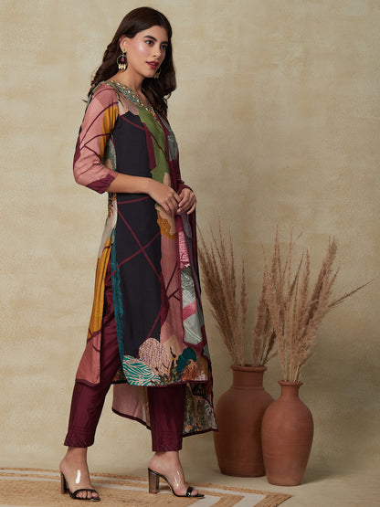 Abstract Floral Printed & Embroidered Straight Kurta with Pant & Dupatta - Burgundy