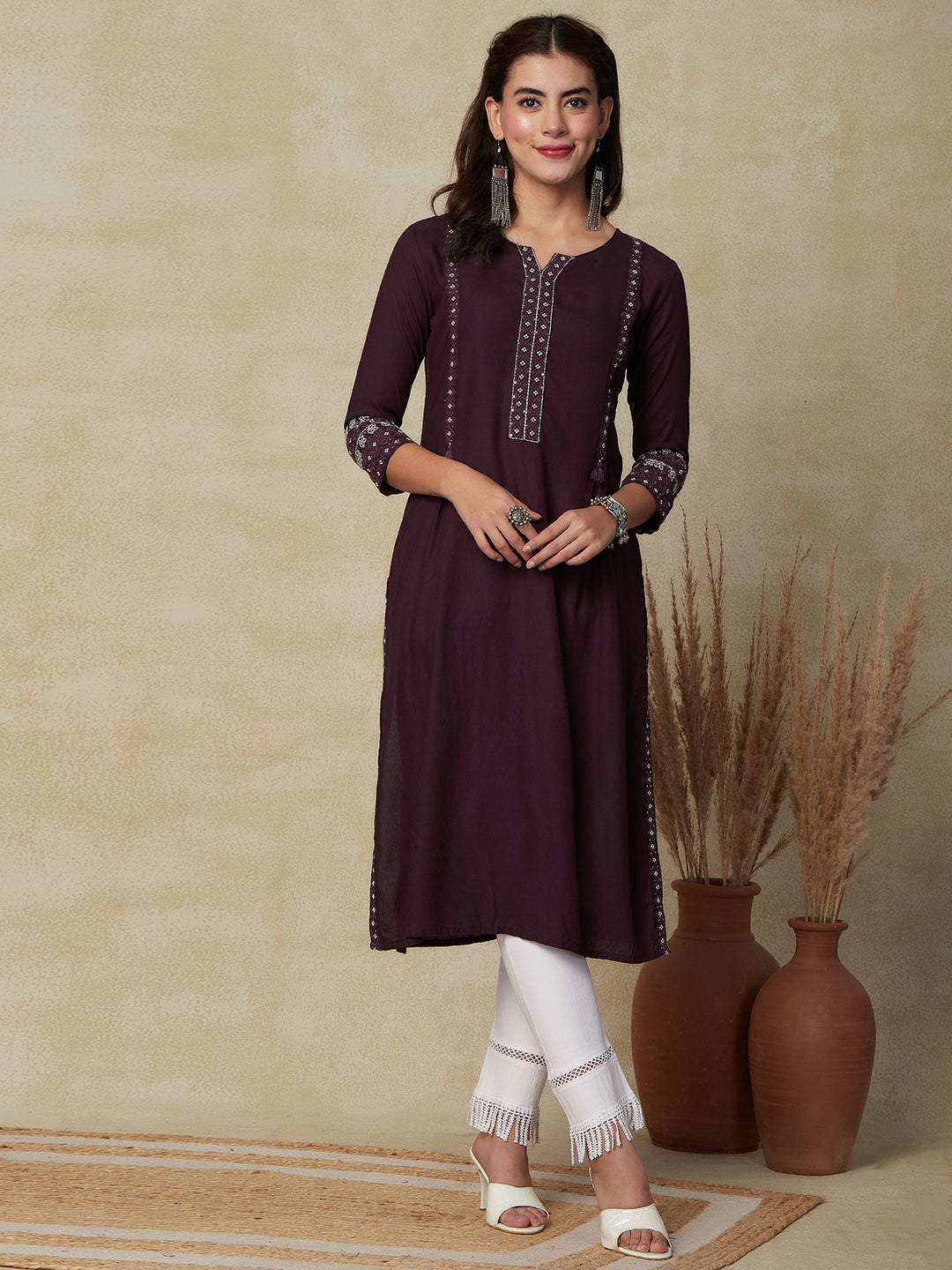 Solid Resham & Sequins Embroidered Pleated Front Kurta - Burgundy