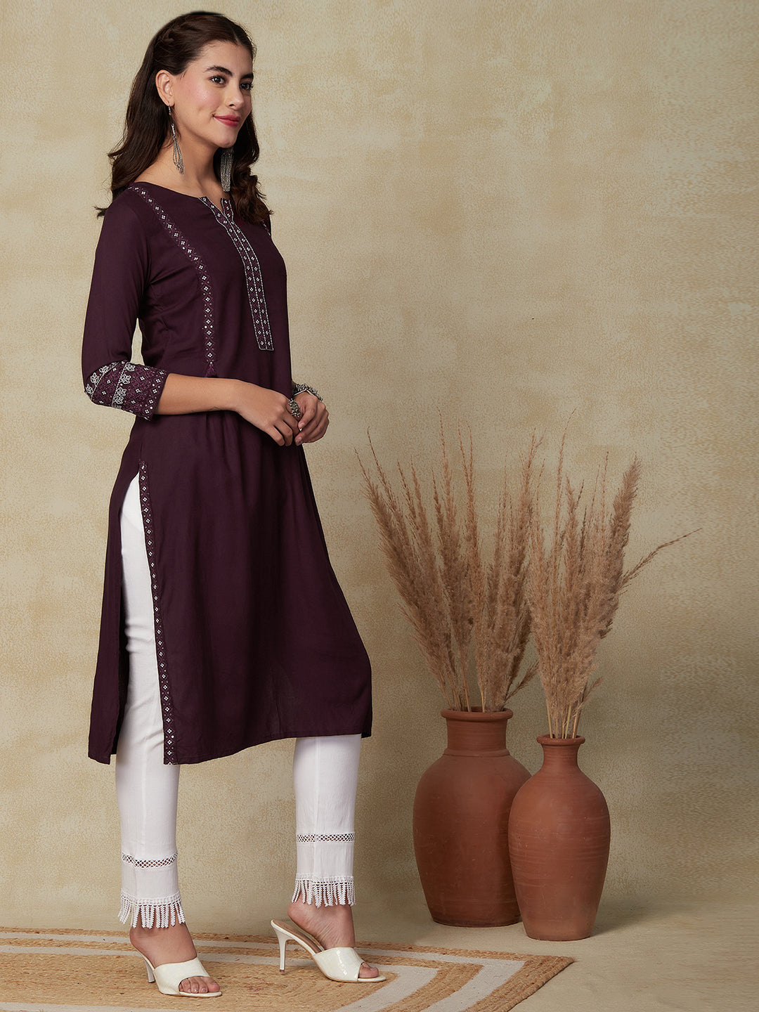 Solid Resham & Sequins Embroidered Pleated Front Kurta - Burgundy