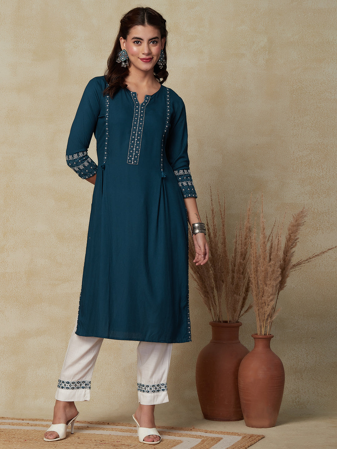 Solid Resham & Sequins Embroidered Pleated Front Kurta - Teal